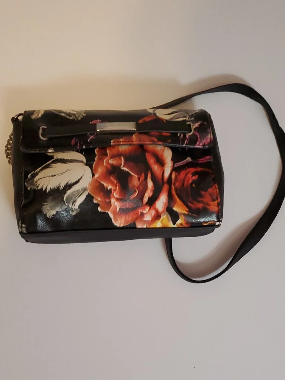 Nine West Black Floral Crossbody Bag with Orange Rose Accent